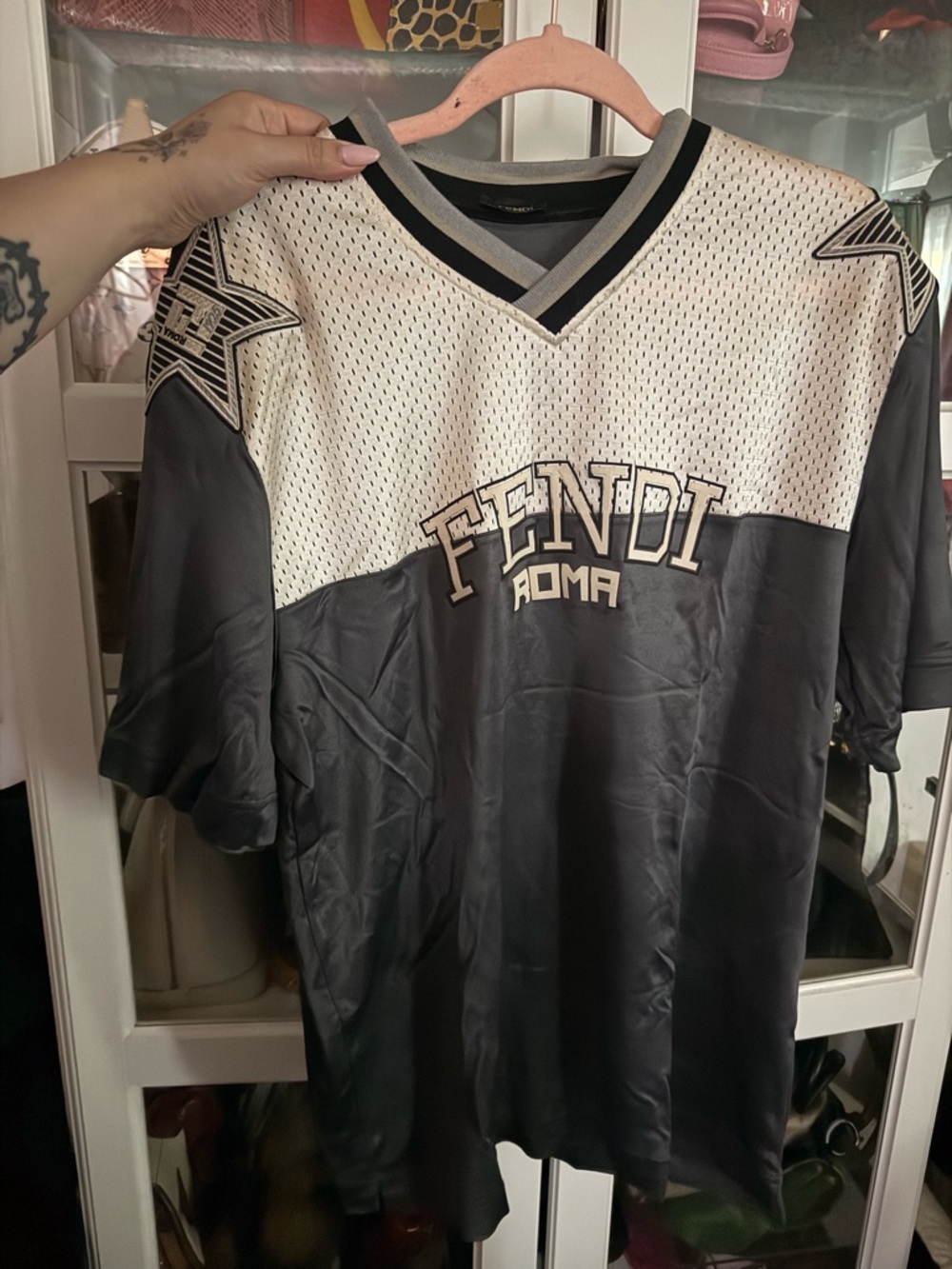 Fendi Black and White Mesh-Panel Jersey Shirt